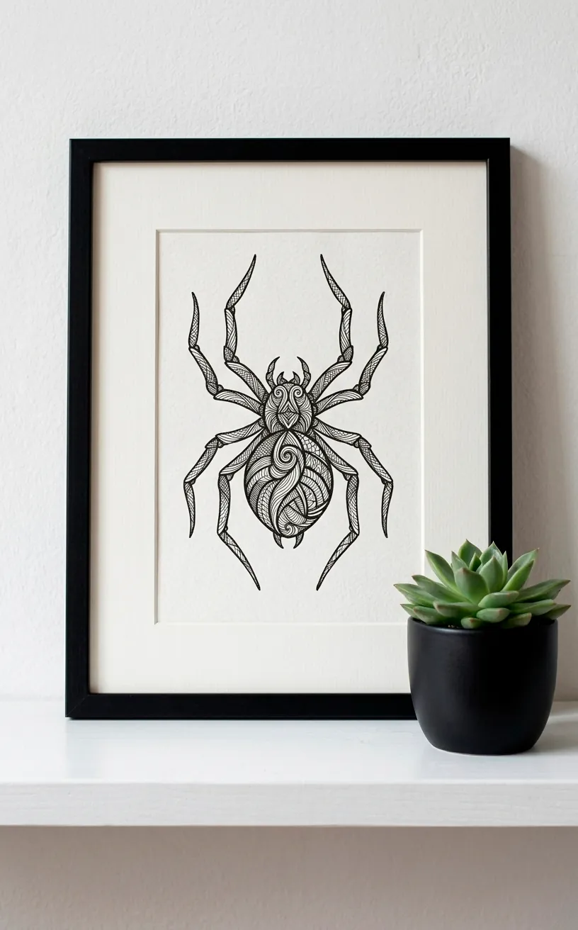 Abstract black spider sketch in a minimalist black frame on a white shelf