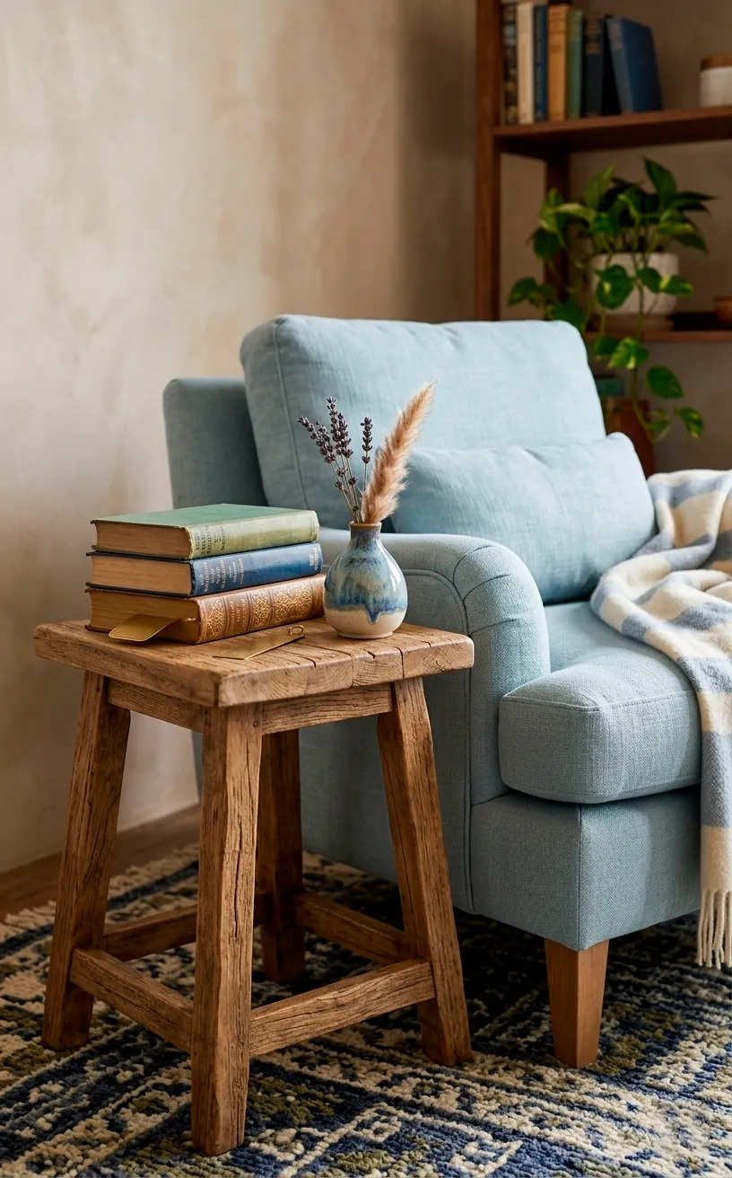 Weathered oak side table with decor next to a blue chair.