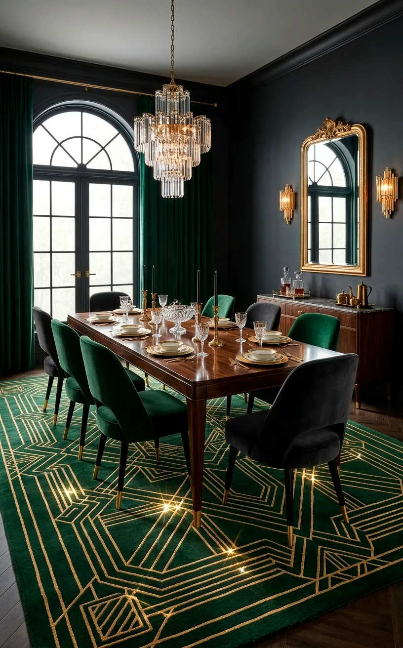 Art Deco dining room with a forest green and gold geometric rug.