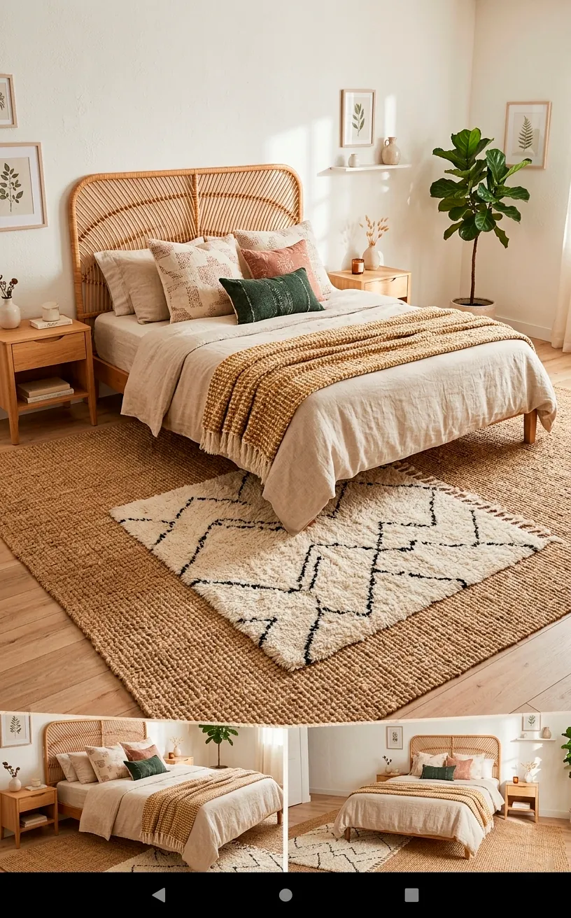 Full view of a bed with a rattan headboard anchored by layered jute and Moroccan style rugs.