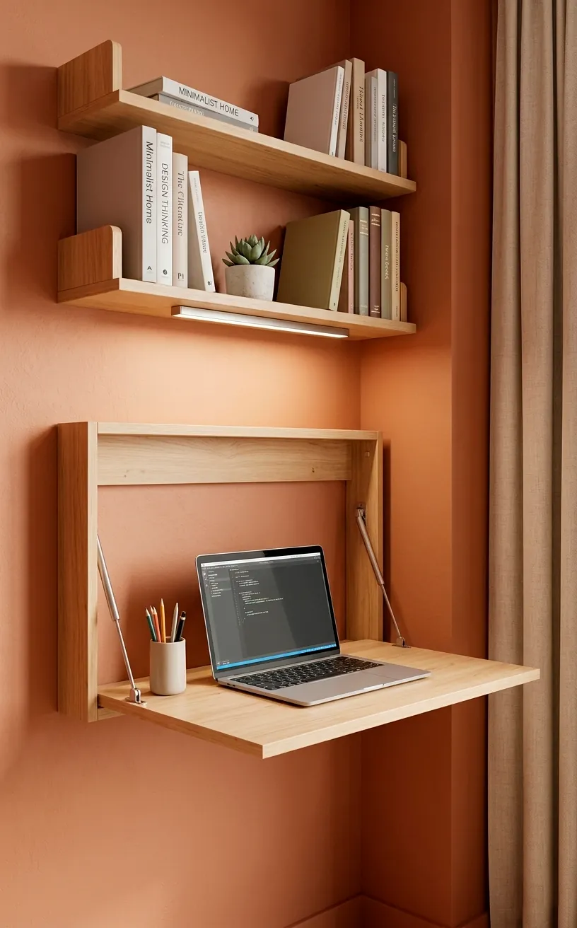 Wall-mounted fold-down desk in a small kids bedroom study nook.