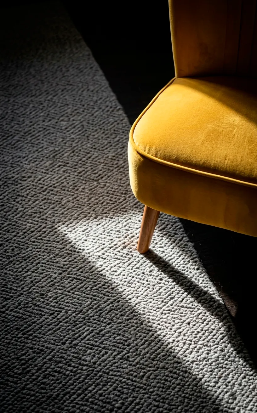 Detail of a grey and yellow patterned rug next to a bright yellow accent chair.