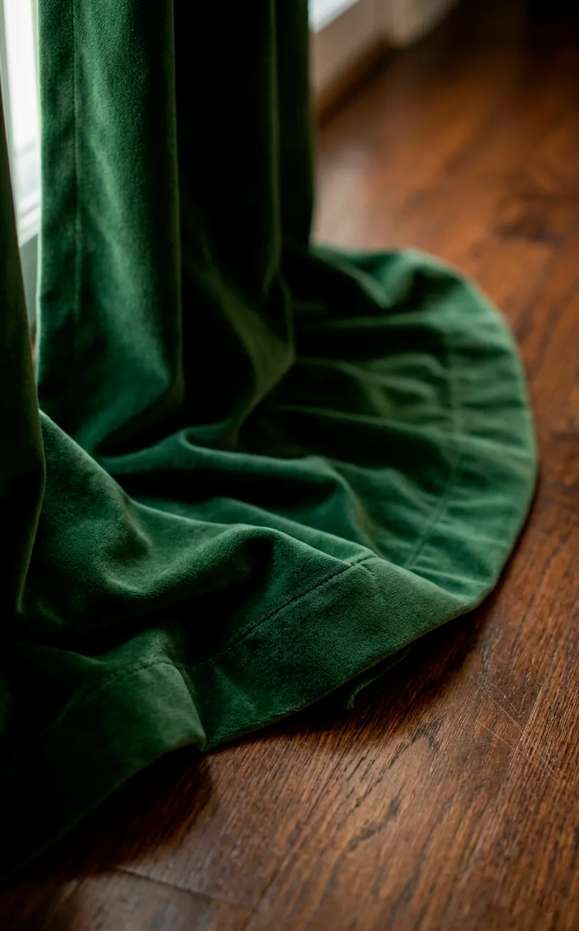 Close-up of velvet curtain fabric puddling on a hardwood floor.