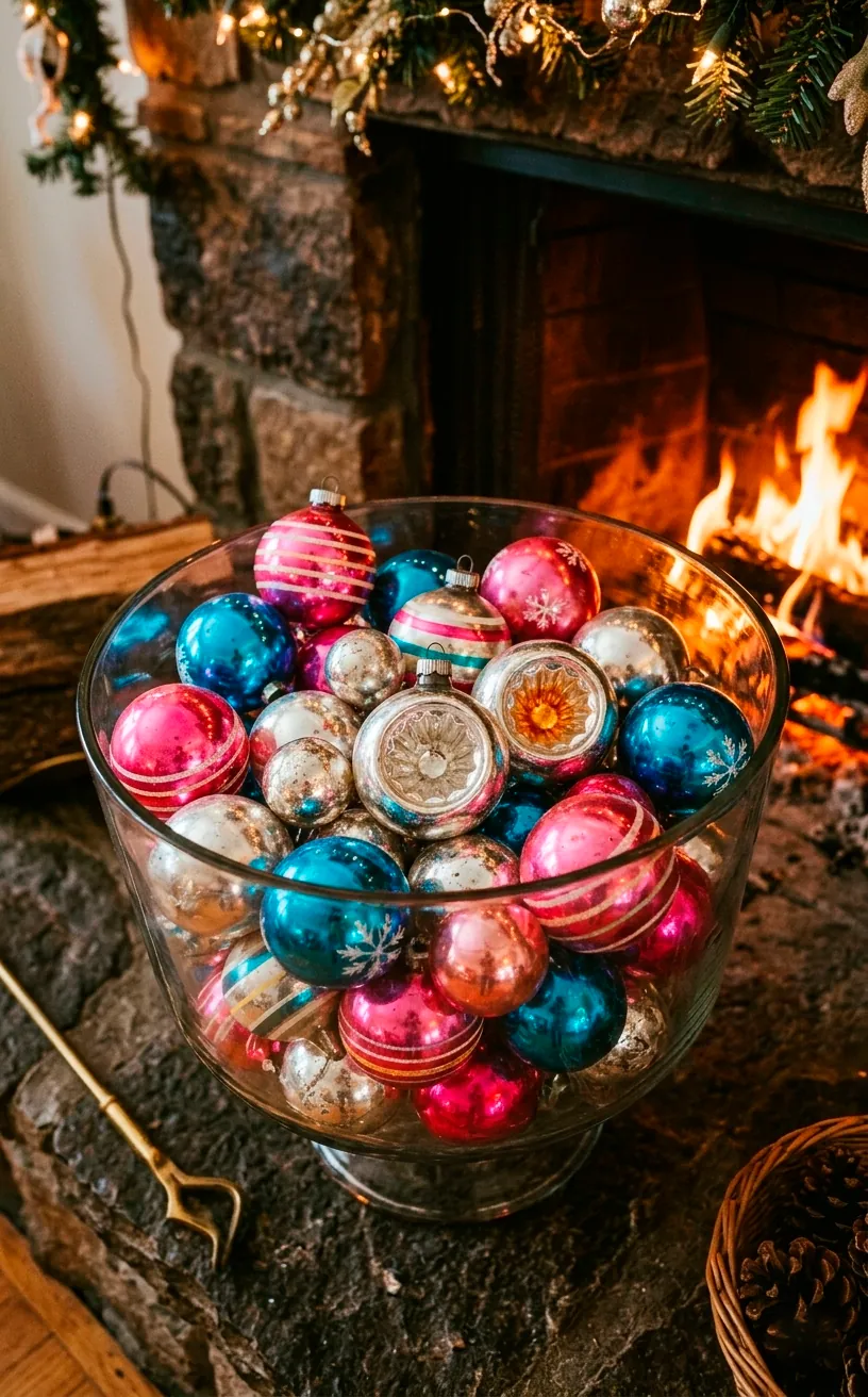 A glass bowl filled with colorful vintage Shiny Brite ornaments on a fireplace hearth.