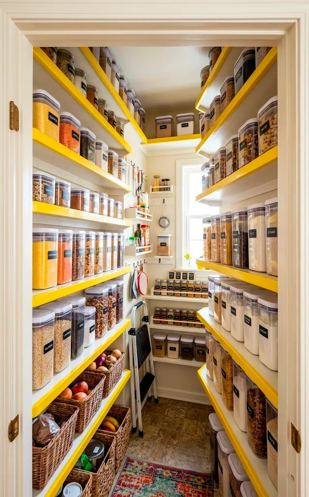 Pantry shelves with front edges painted bright sunshine yellow.