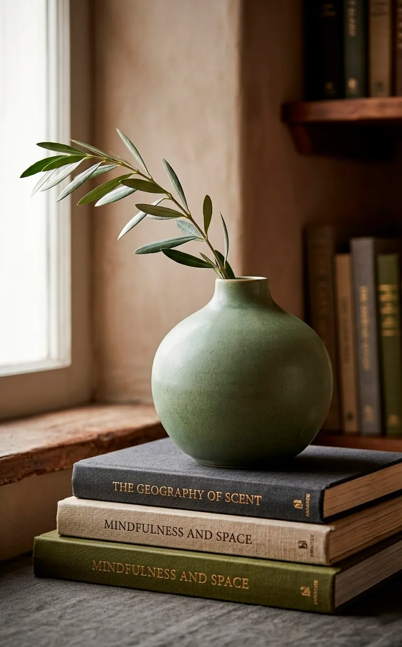 Round sage green ceramic vase on a stack of books with a single green branch.