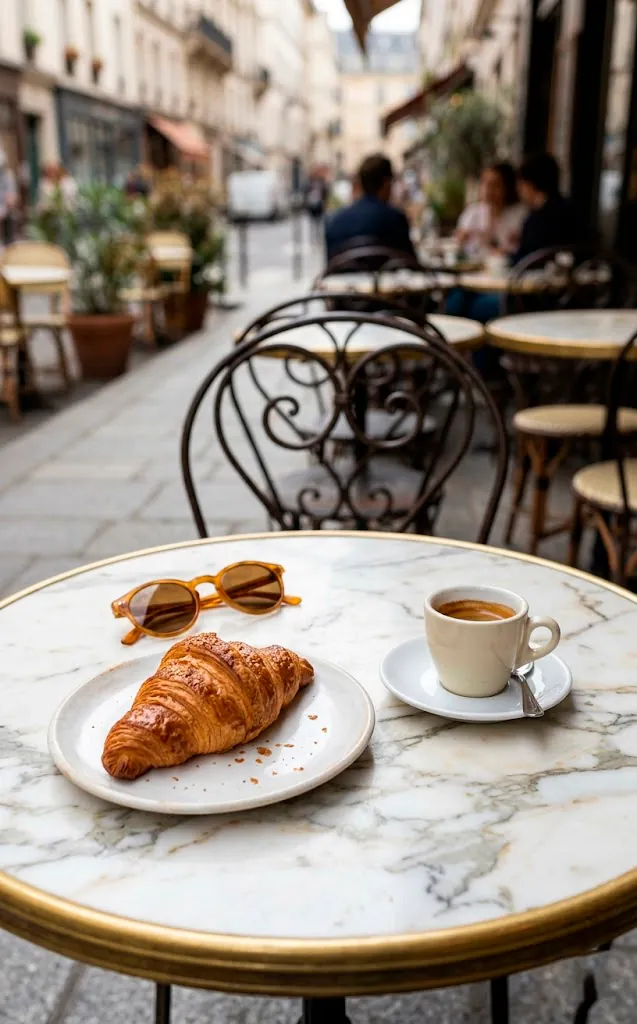 Parisian breakfast scene on a marble bistro table with a croissant and coffee.