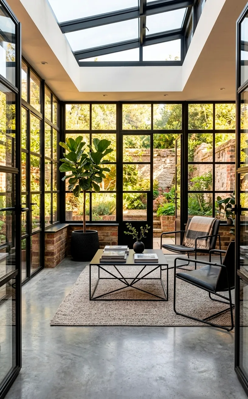 Modern sunroom with industrial black window frames and minimalist black leather furniture.