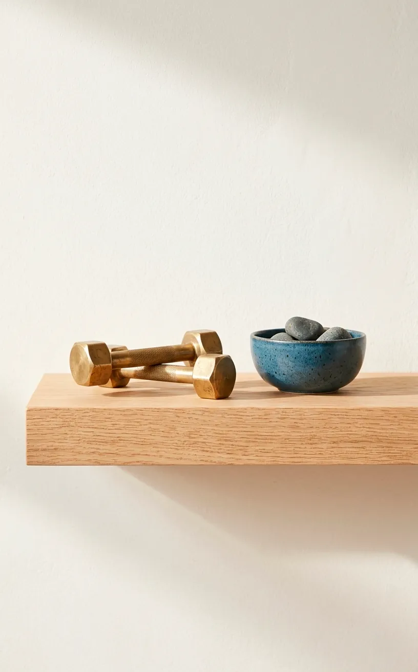 Minimalist wooden shelf with brass dumbbells and decor on a bright sunlit wall.