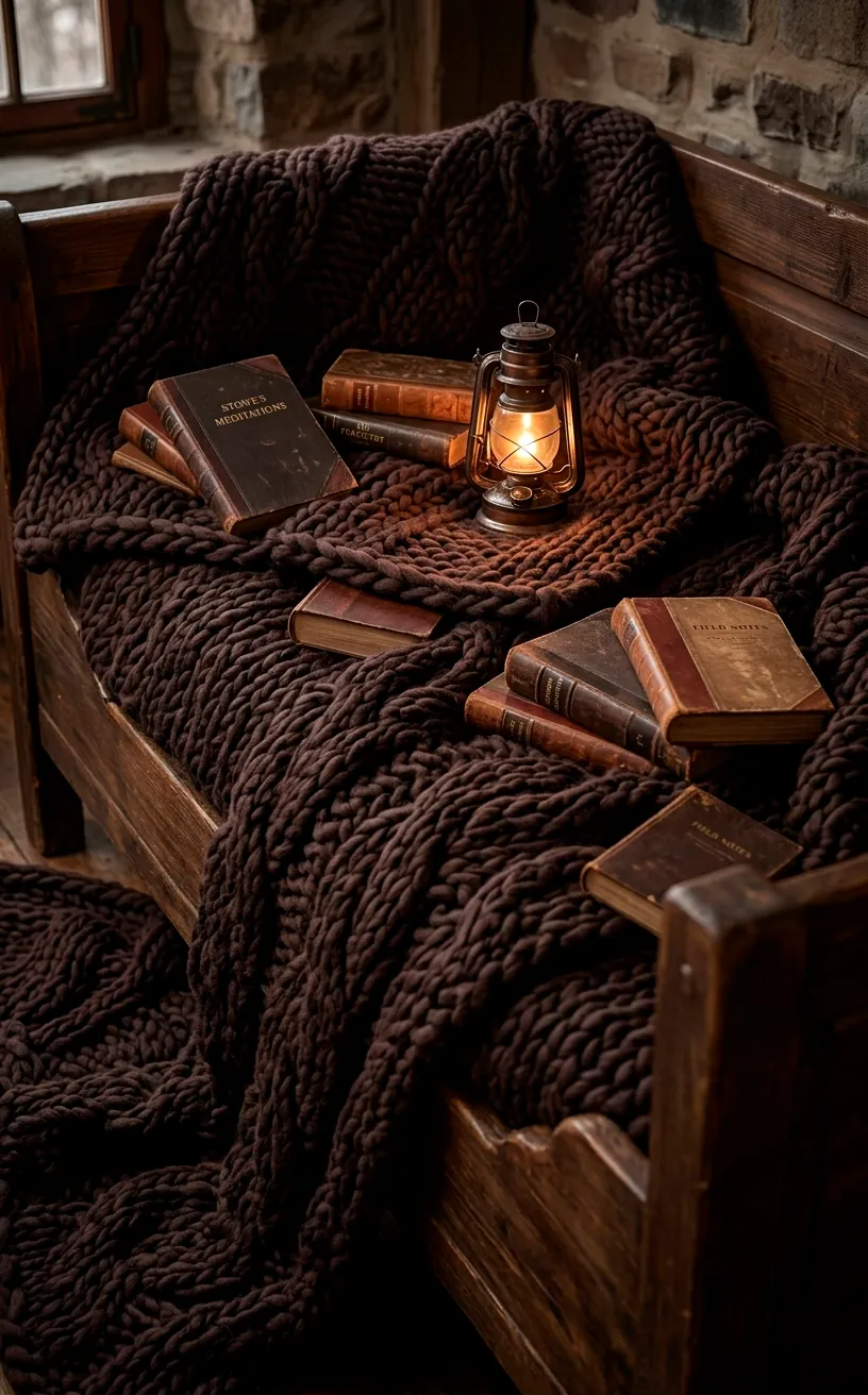 Chunky espresso wool knit blanket draped over a dark wooden daybed.