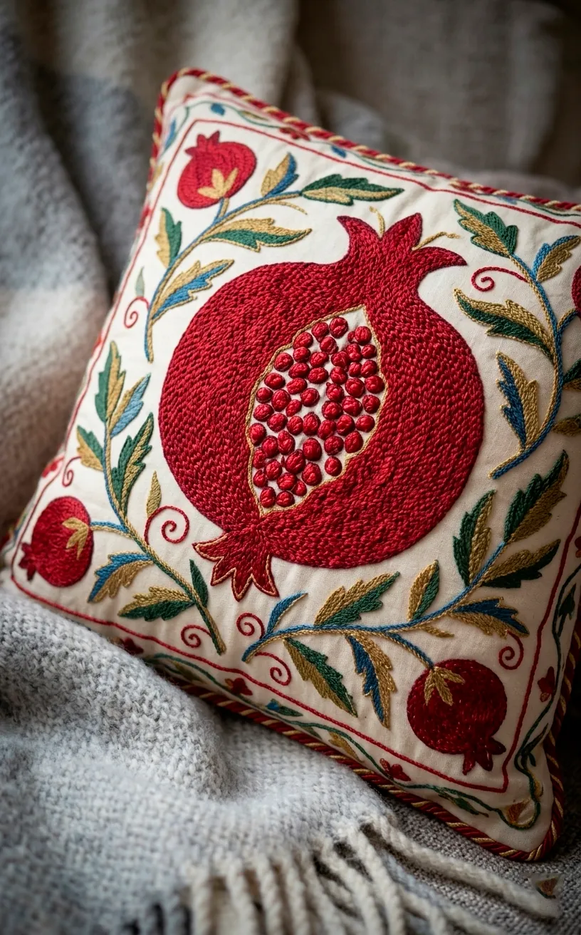 Close-up of intricate Suzani embroidery featuring a pomegranate motif on a decorative pillow.