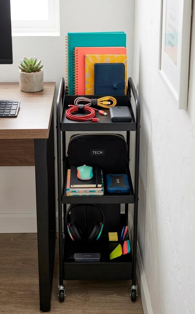A slim black metal rolling cart used for office supply storage in a small space.