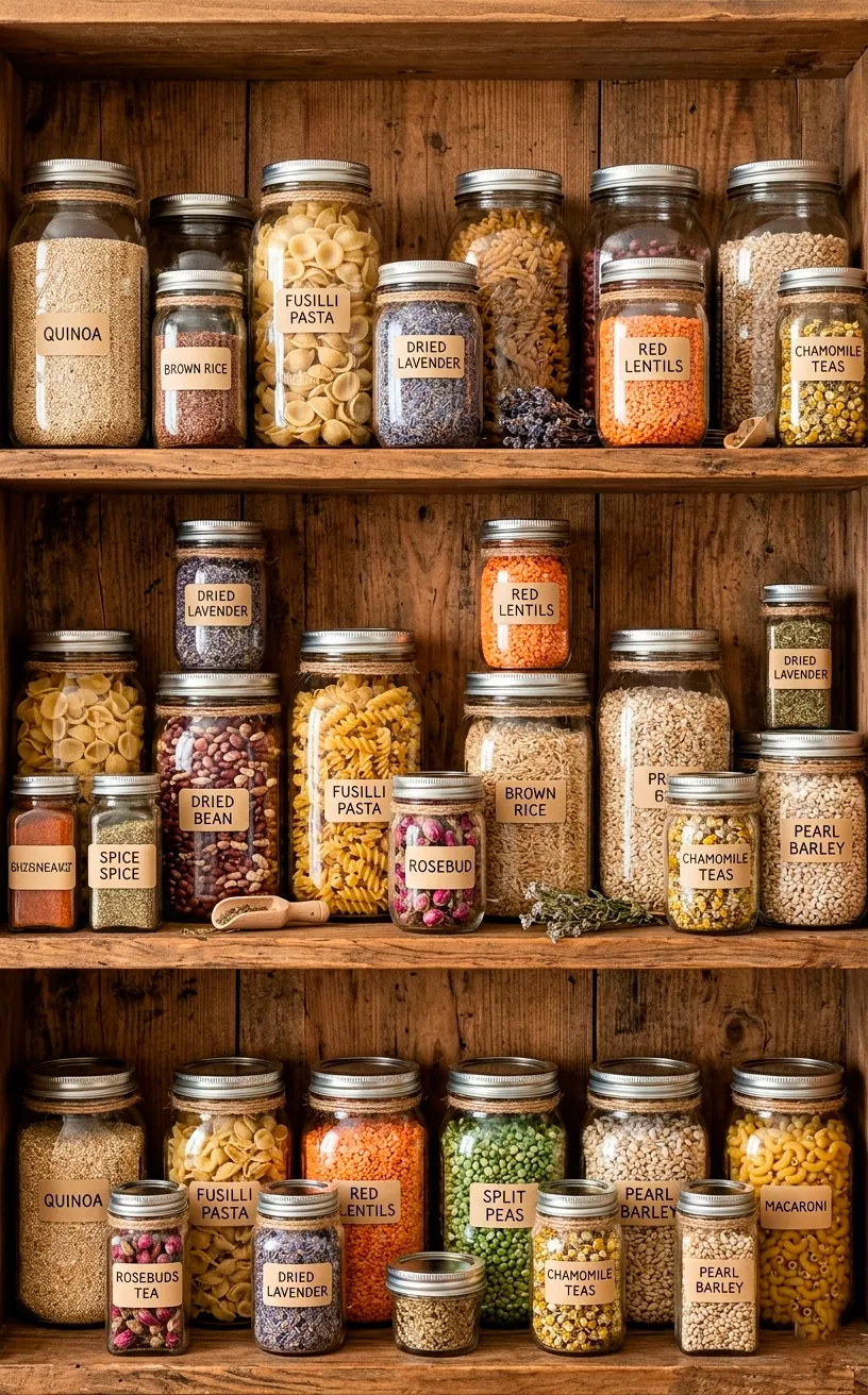 Organized kitchen shelves with glass mason jars filled with grains and pasta, featuring twine accents.