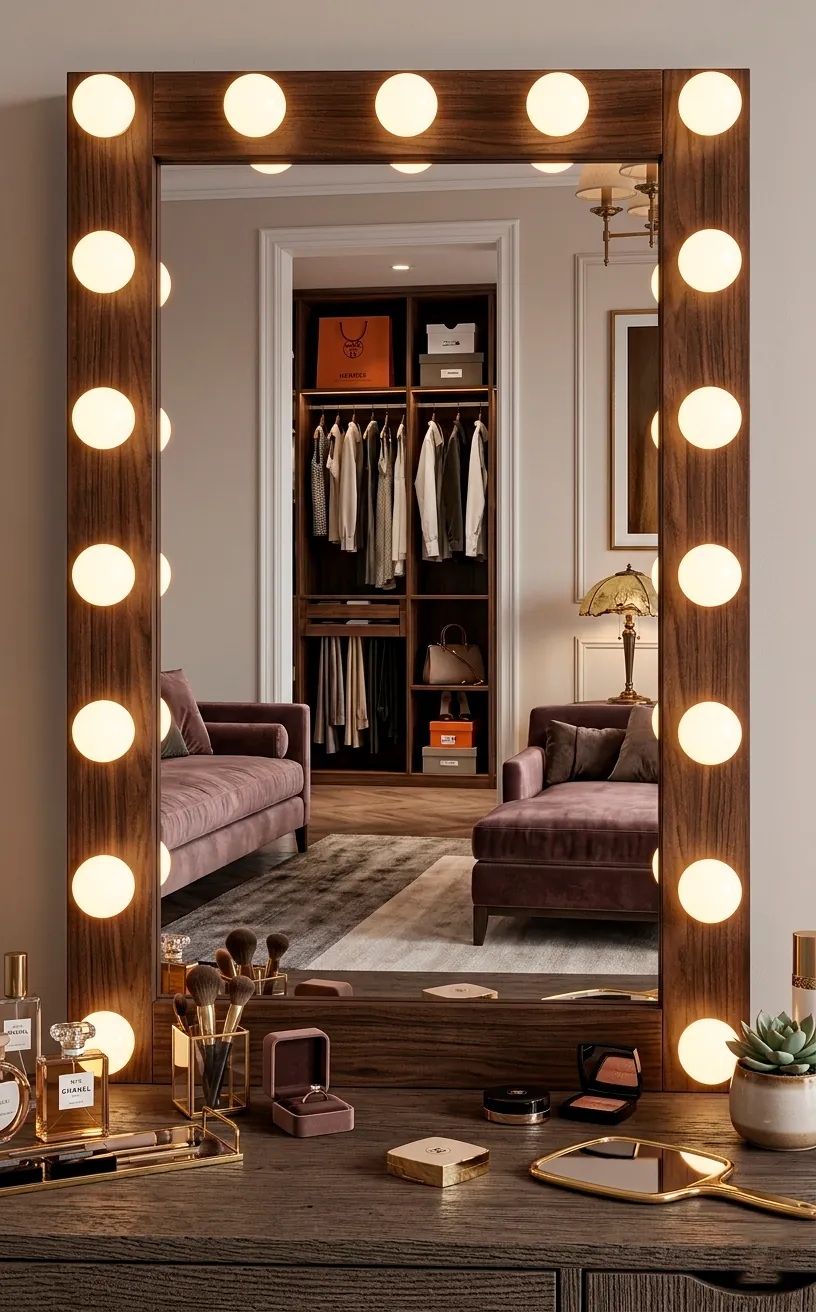 Large Hollywood style vanity mirror with round glowing bulbs on a wooden desk.