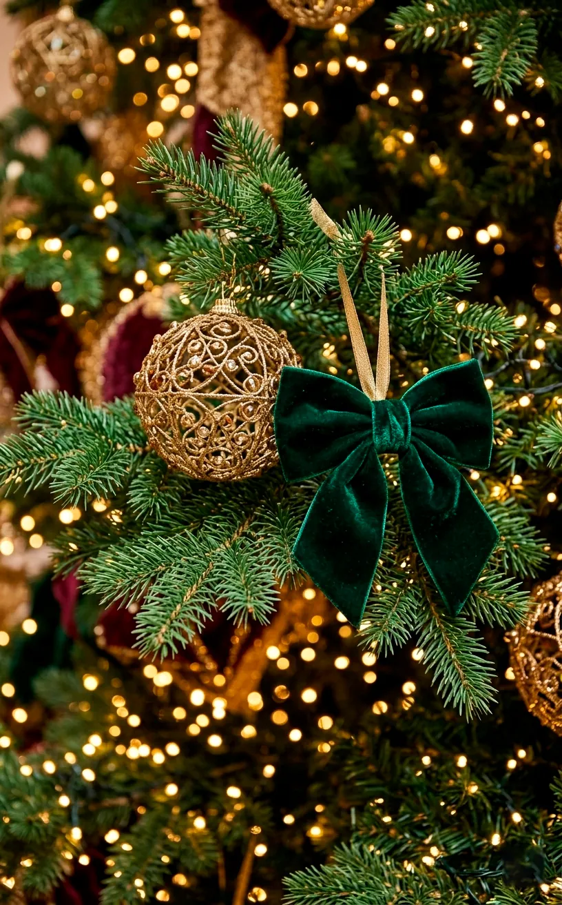 Close-up of gold filigree ornament and emerald velvet ribbon on a tree.