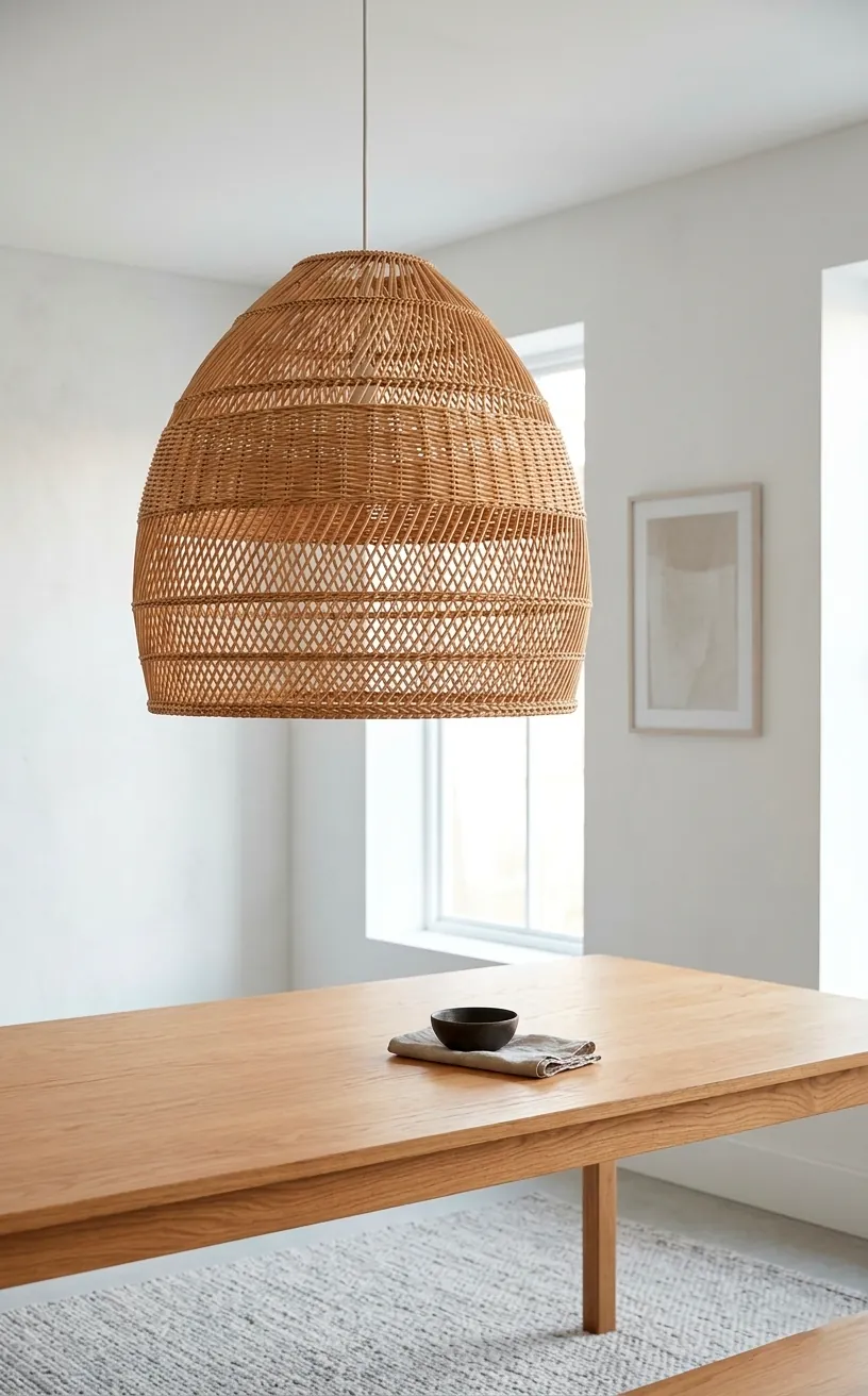 Large bell-shaped woven rattan pendant light hanging in a bright modern living room.