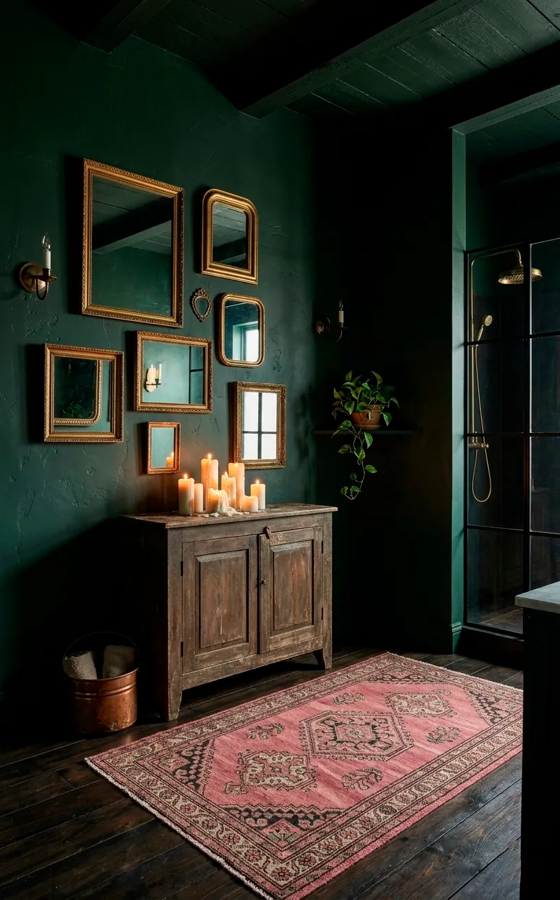 Vintage rose kilim rug in a moody bathroom with dark green walls and antique gold mirrors.