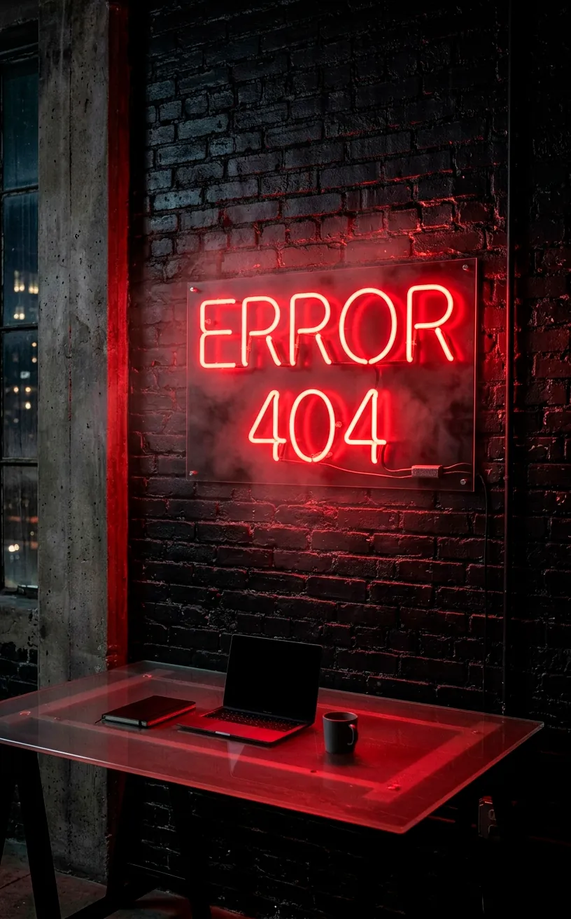Red 'ERROR 404' custom neon sign on a black brick wall.