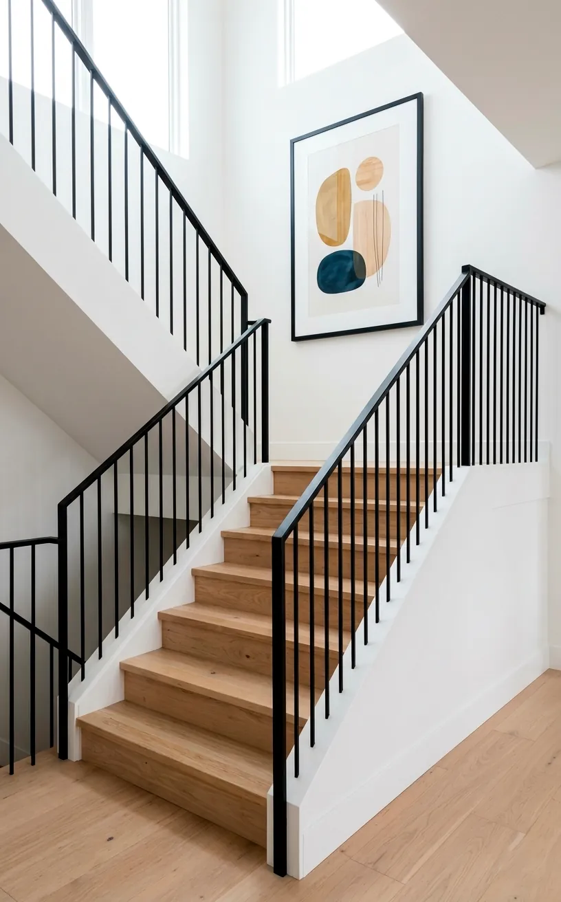 Modern staircase with light wood treads and a sleek black steel railing.