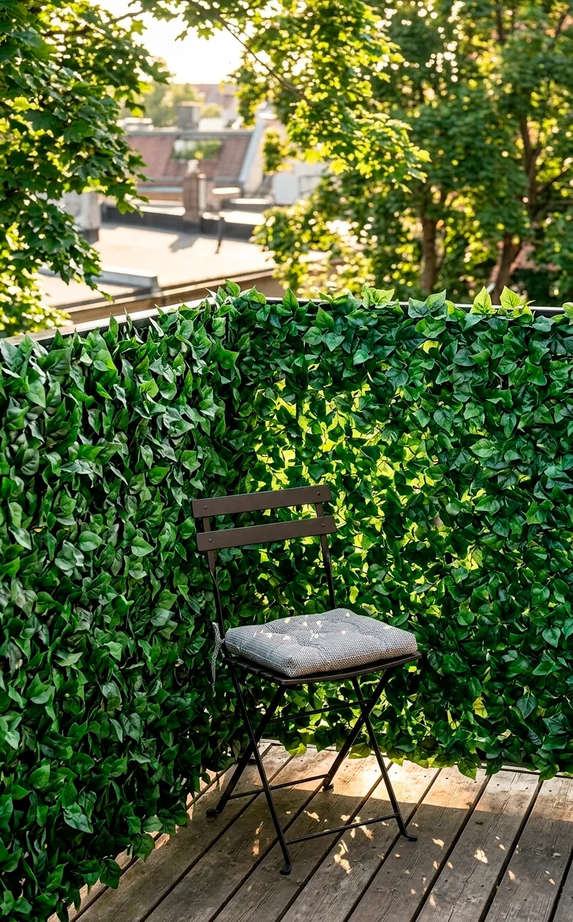 A balcony railing featuring a dense green artificial ivy privacy screen for an intimate setting.
