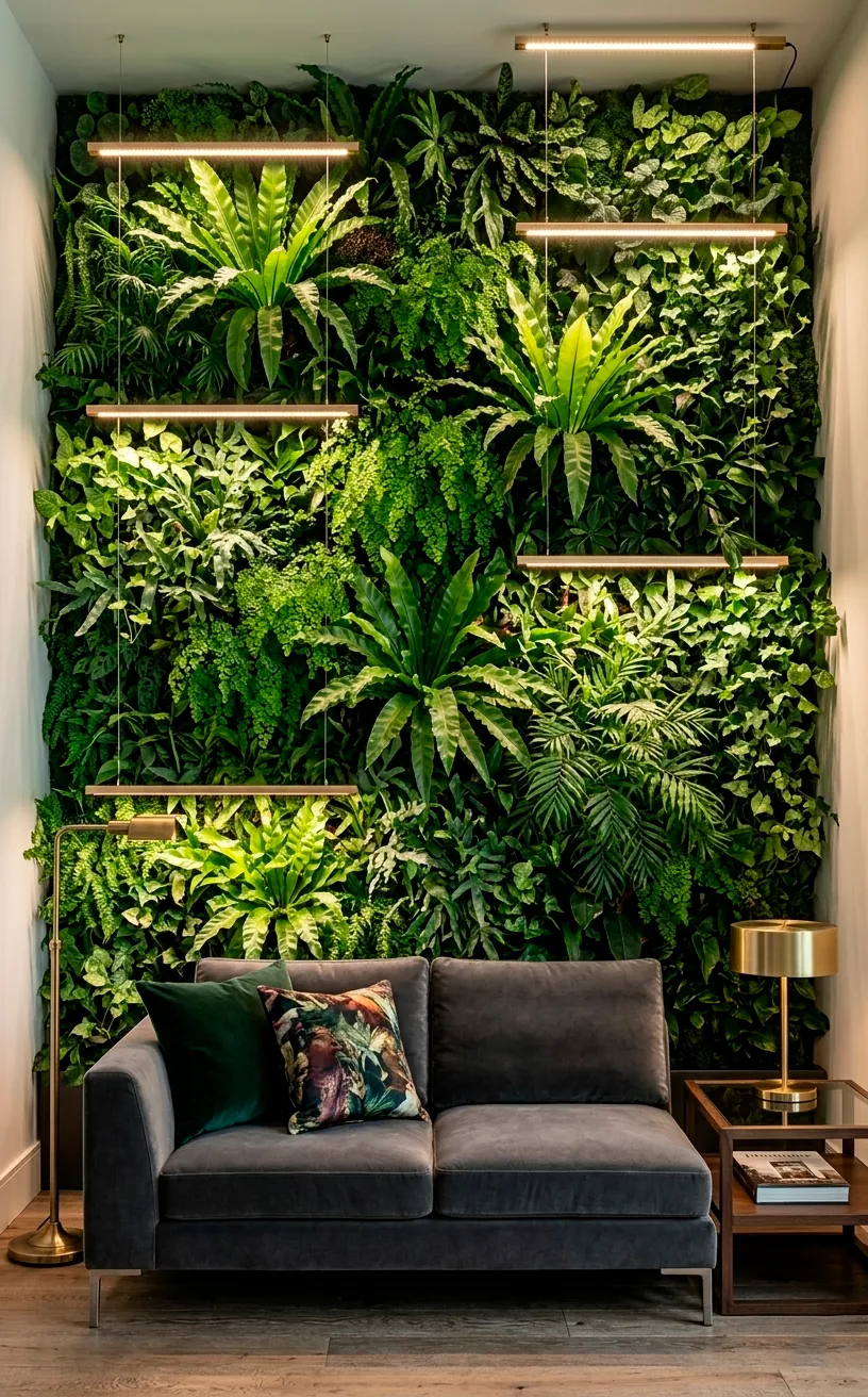 Large vertical garden living wall behind a sofa in a modern apartment.