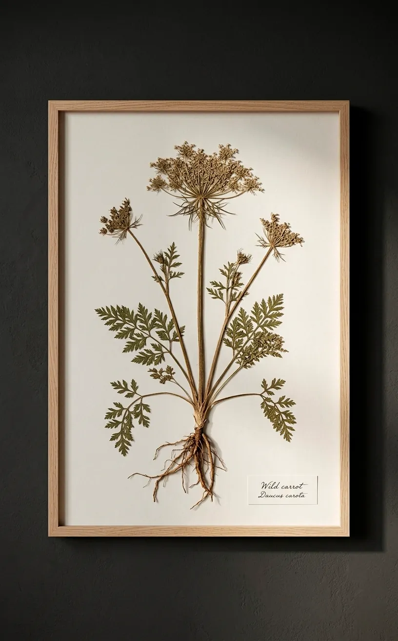 Framed herbarium specimen with roots on a dark charcoal accent wall in a light oak frame.
