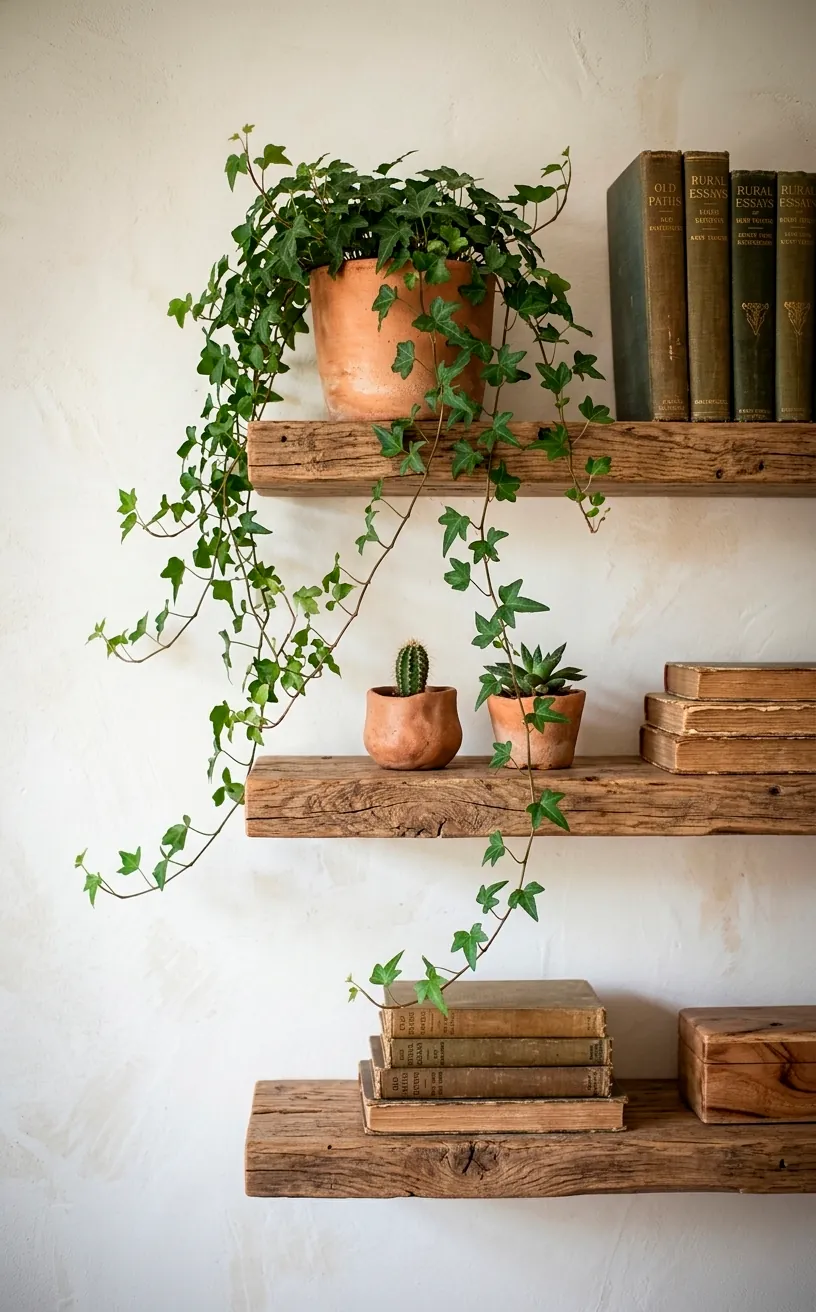 Rustic reclaimed wood shelves with greenery and clay decor.