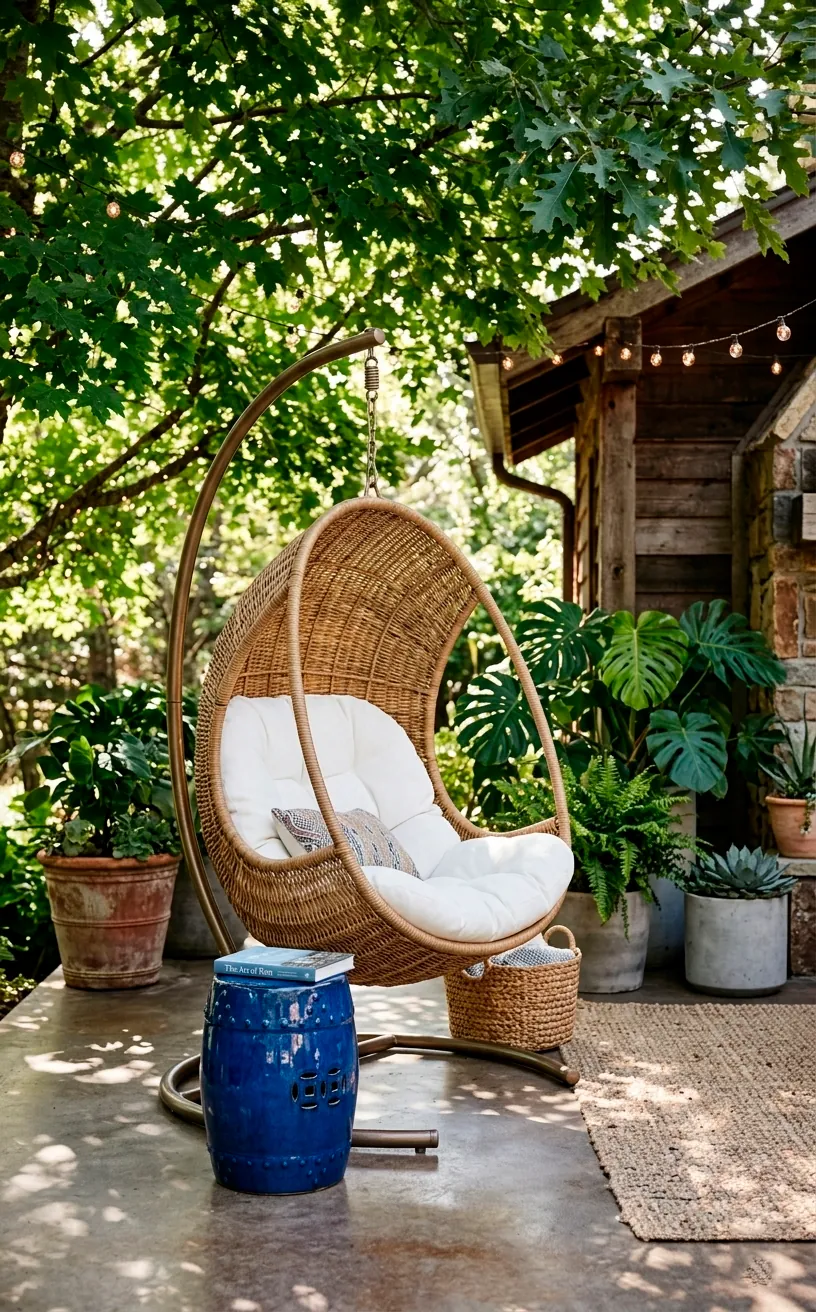 Boho-style outdoor lounge area with a hanging egg chair and garden stool.