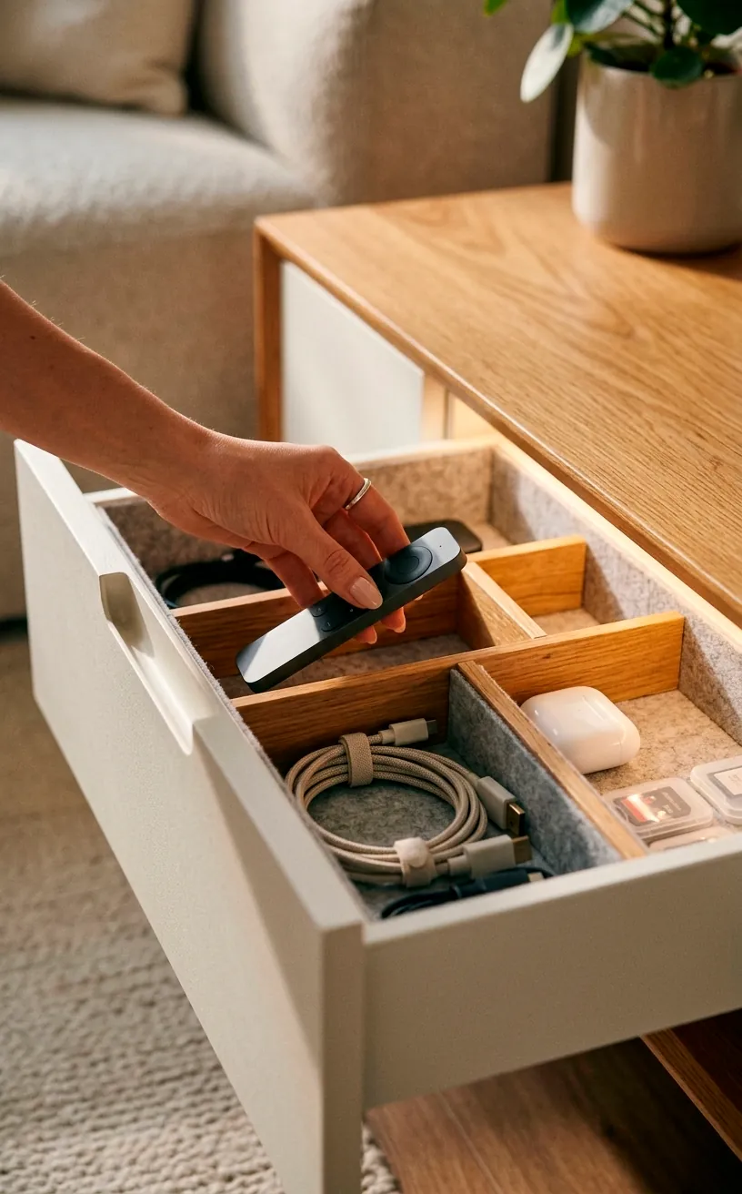 Organized drawer with tech accessories in a Scandi-style cabinet.