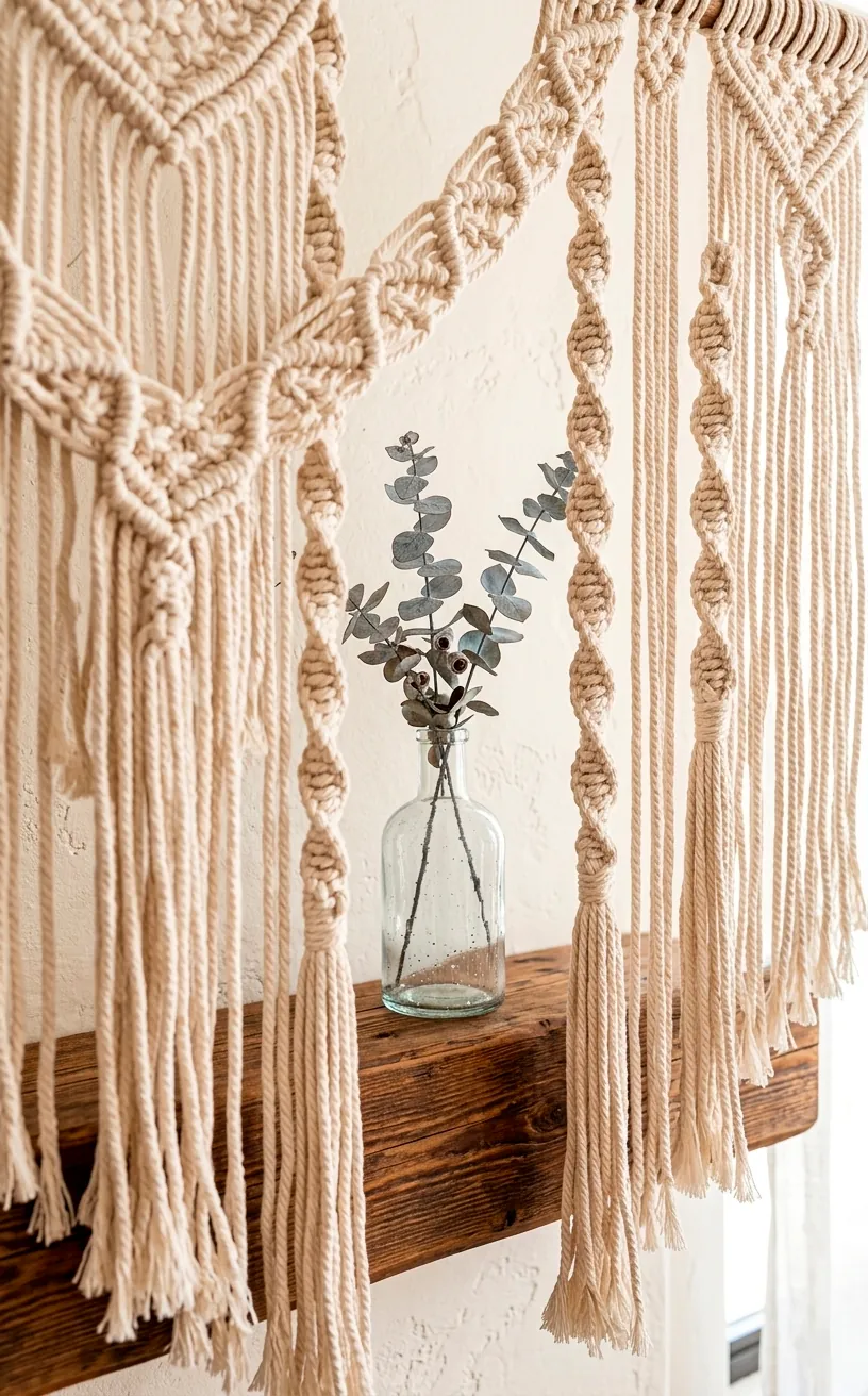 Close-up of macramé knot details and tassels above a fireplace mantel.