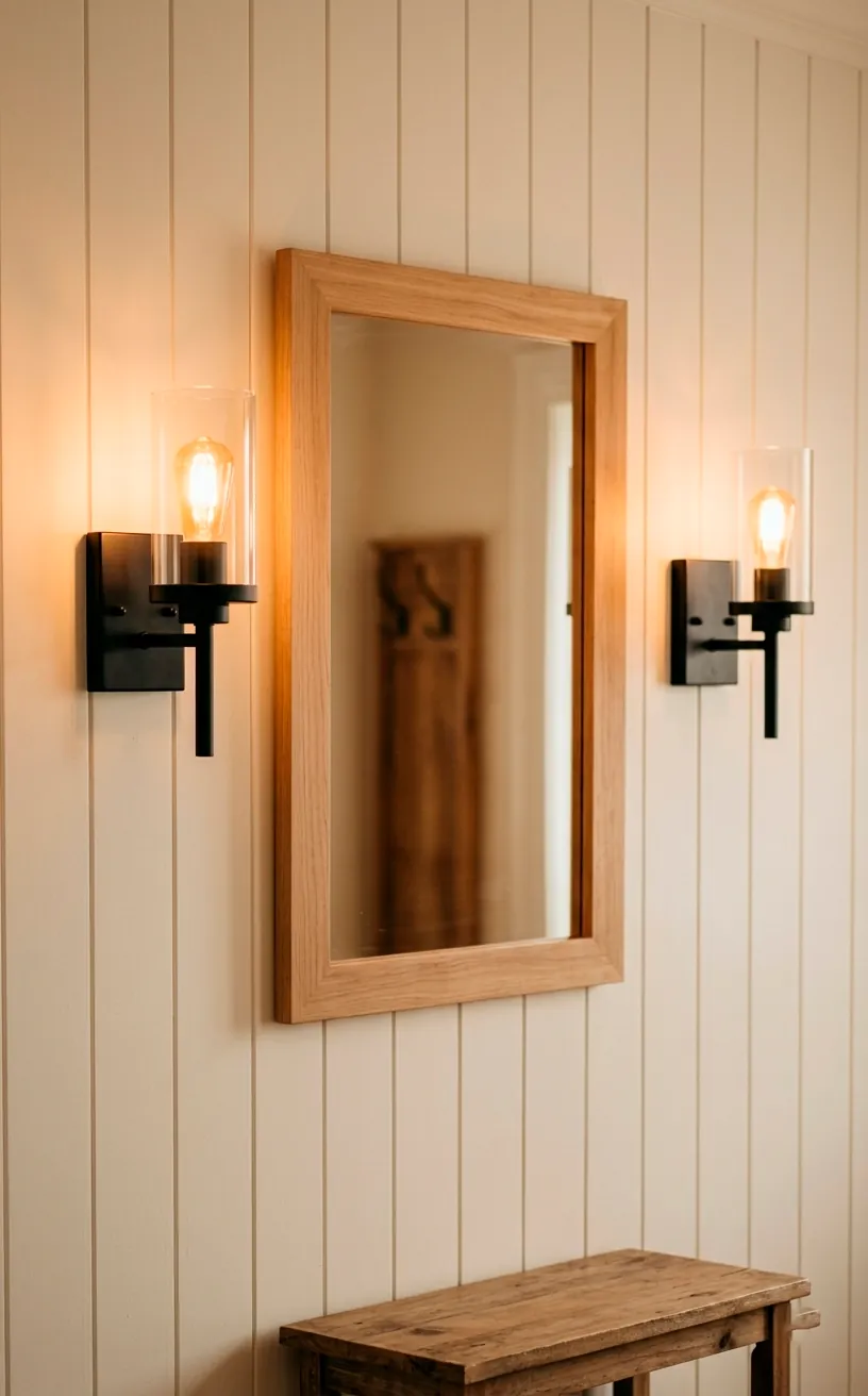 Black metal wall sconces flanking a mirror in a Shaker entryway.