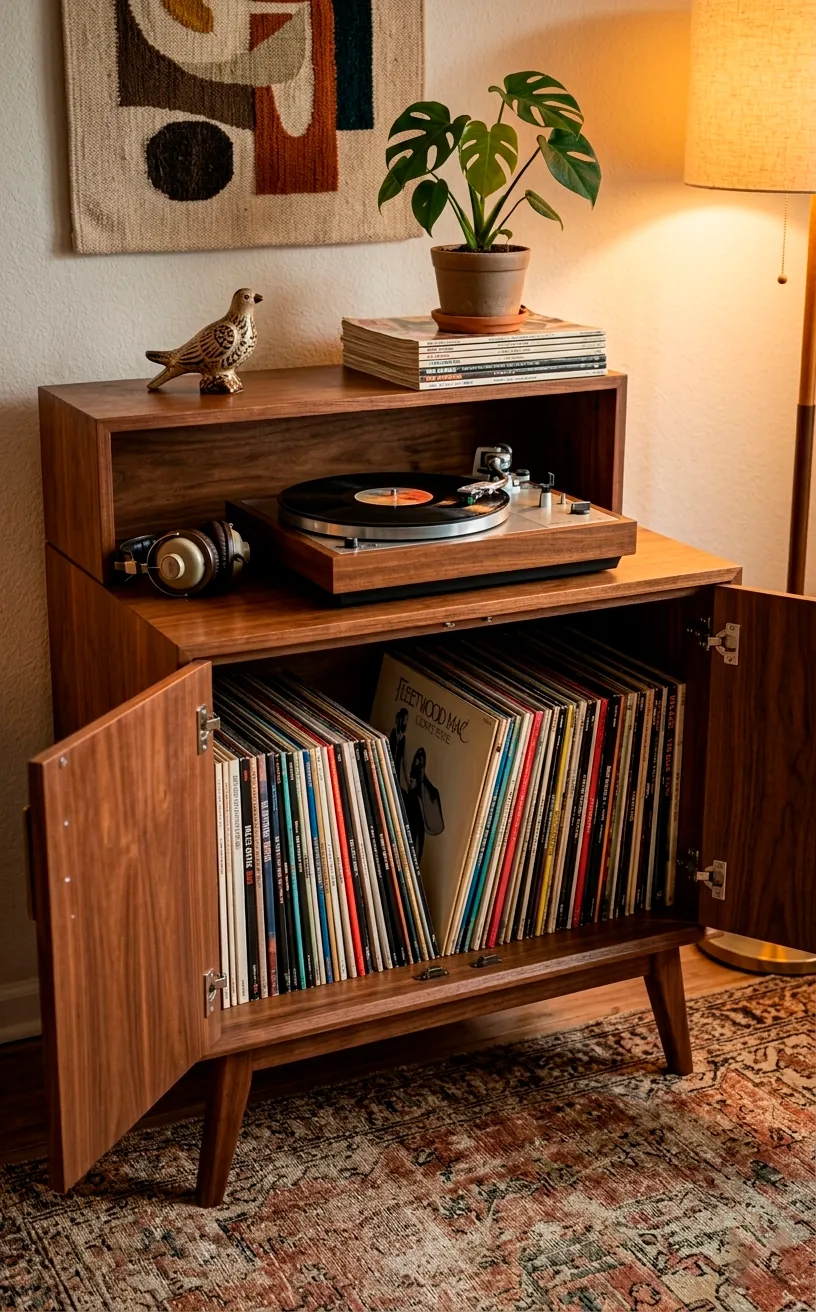 Repurposed vintage cabinet used as a vinyl record player station and storage console.