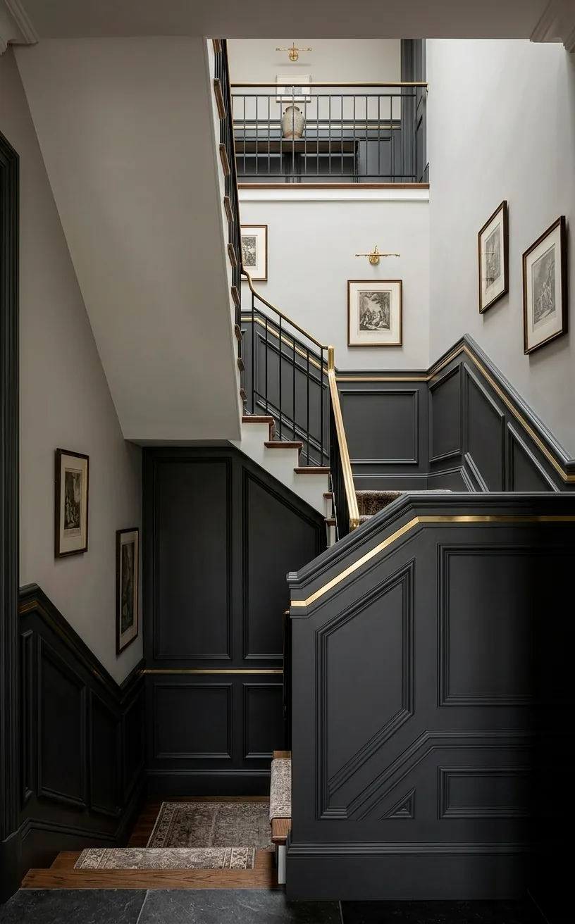 Charcoal wainscoting with gold trim on a staircase wall.
