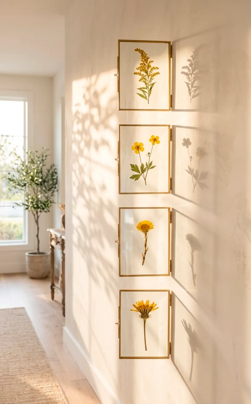 Set of four floating glass frames with pressed yellow wildflowers on a bright wall.