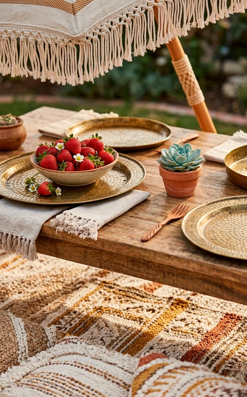 Low wooden table with brass trays and strawberries in a boho garden setting.