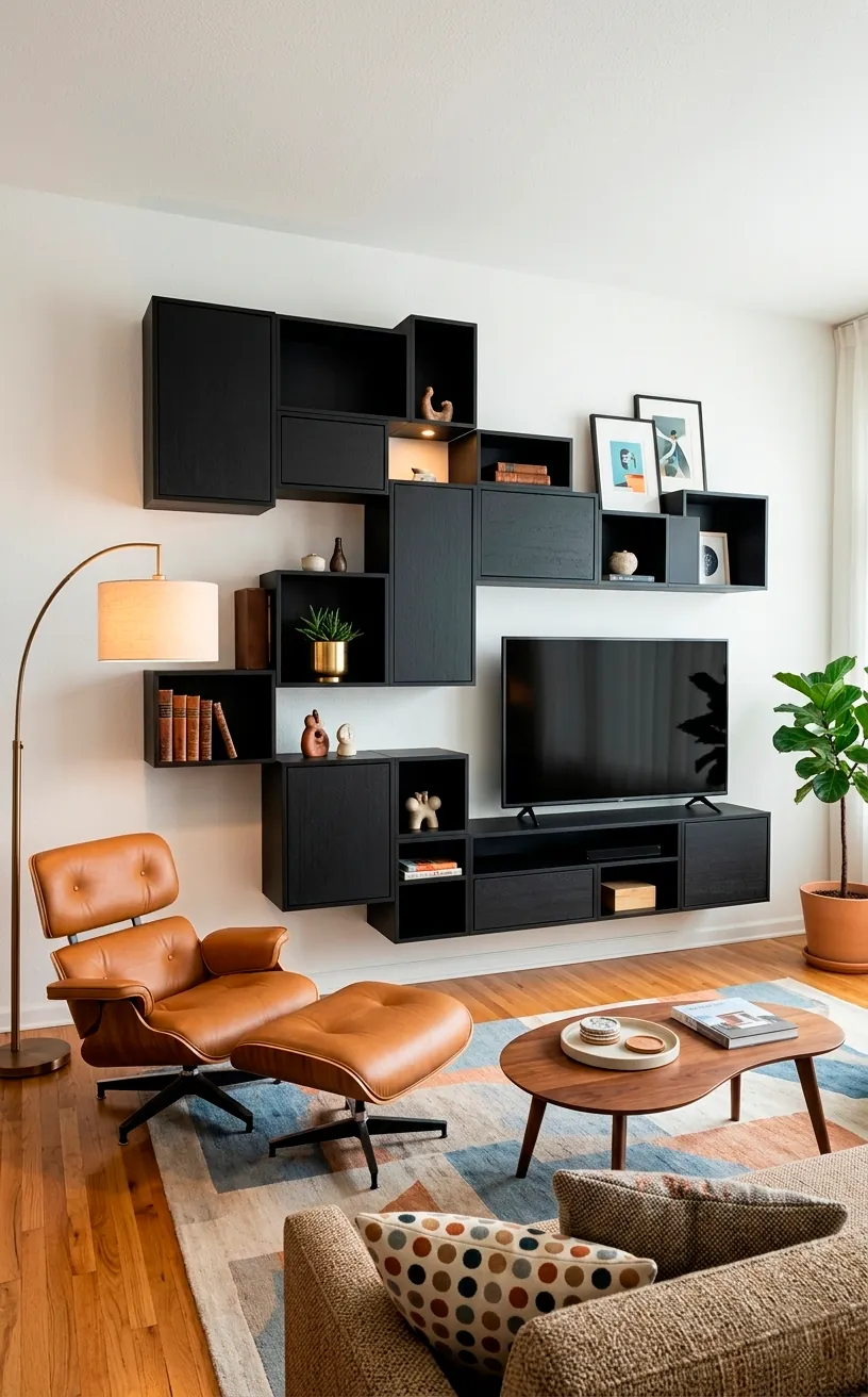 Asymmetrical matte black wall unit with cabinets and shelves in a modern room.
