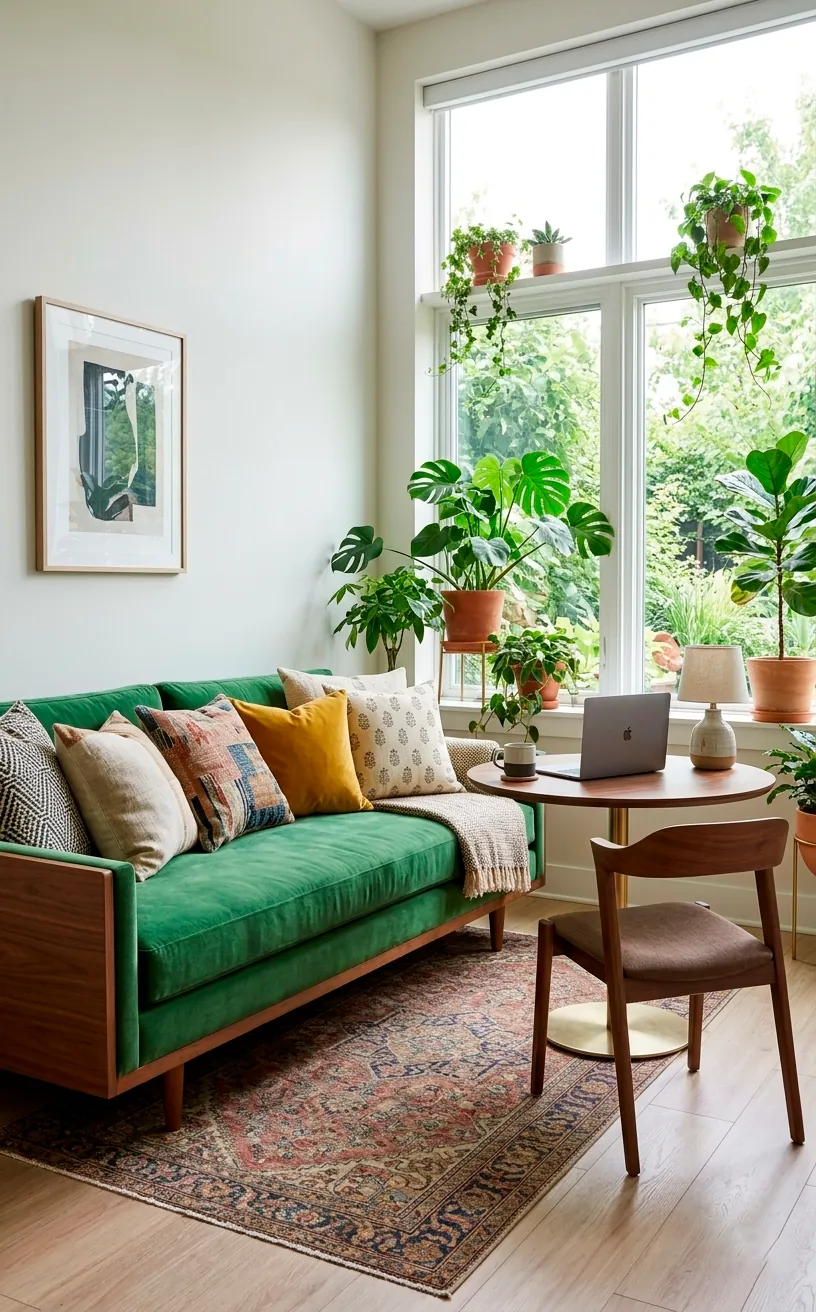 A green velvet daybed acting as a sofa in a home office guest room with a small round desk.