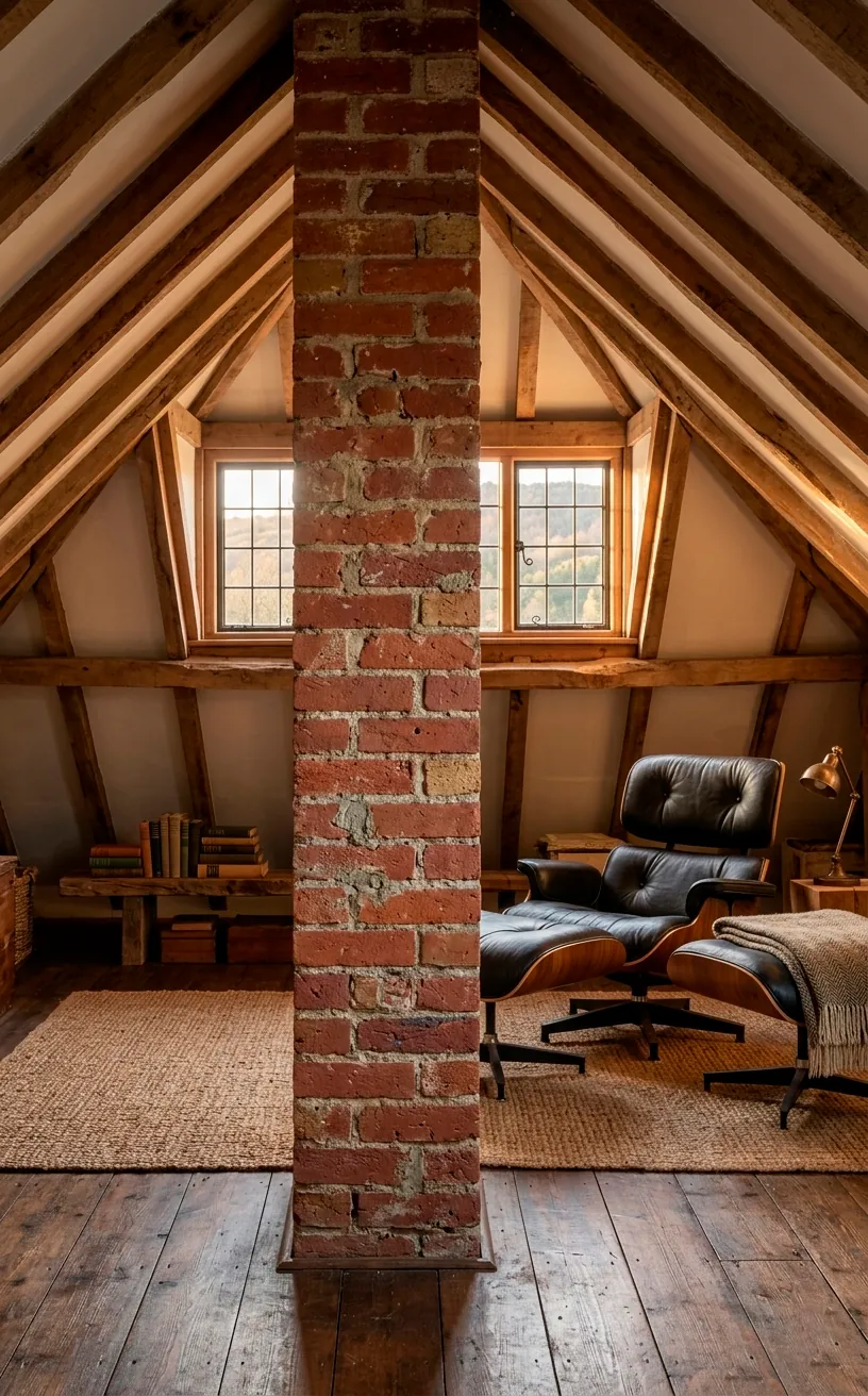 Exposed reclaimed brick pillar in a stylish industrial-style attic loft.