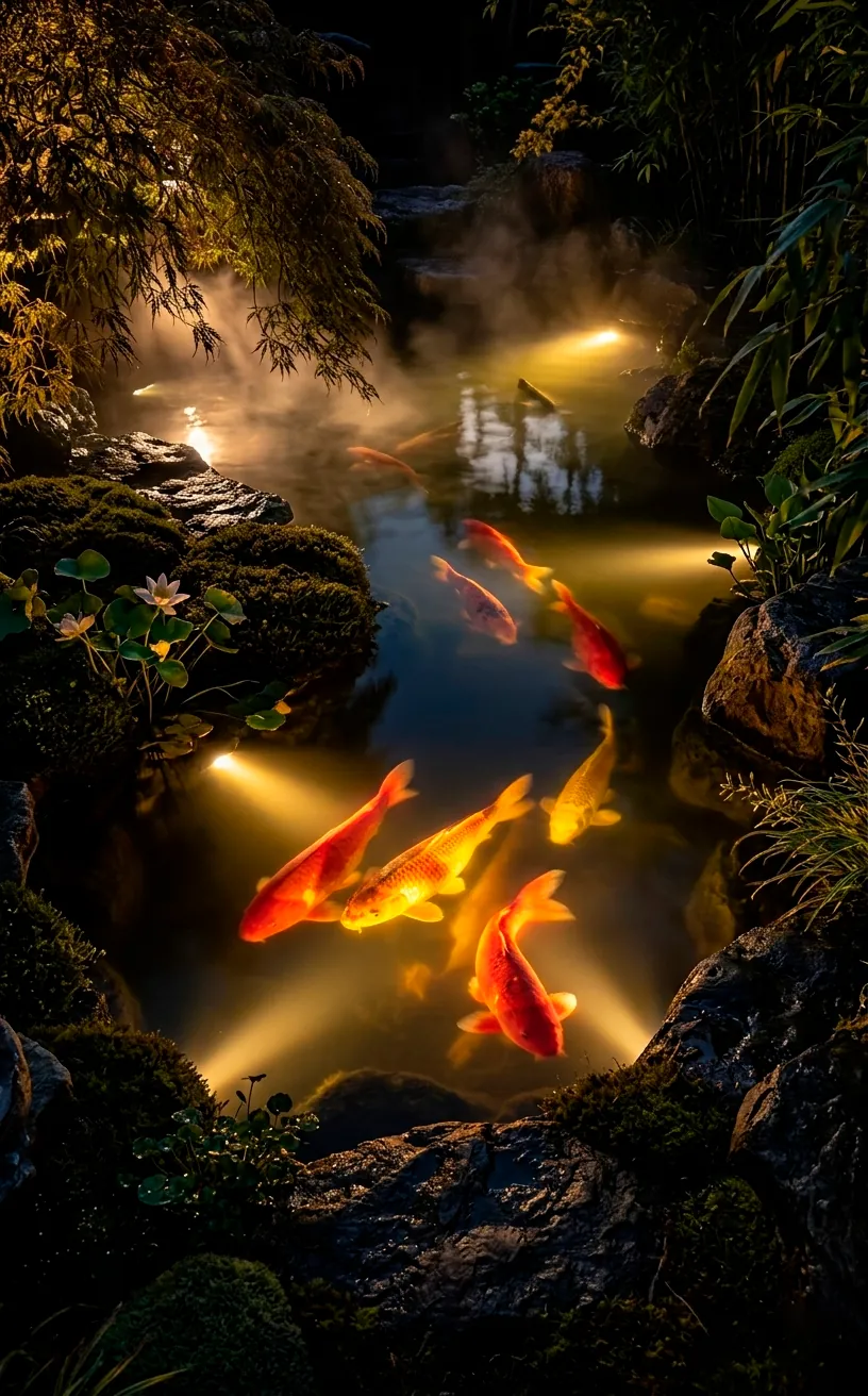 Submerged warm gold LED lights illuminating red and gold koi fish in a pond at night.