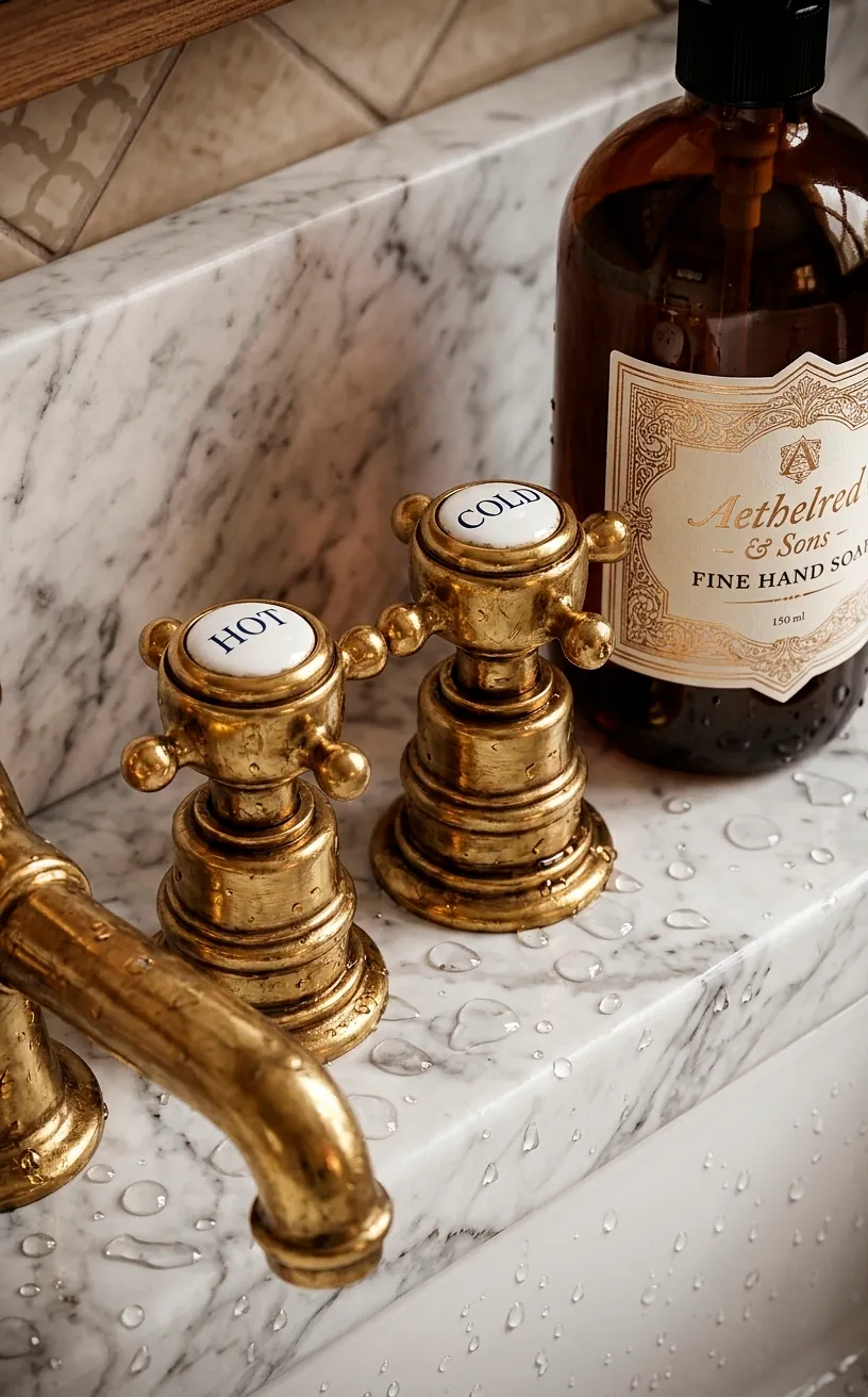 Detailed view of brass faucet handles and luxury soap on a marble kitchen counter.