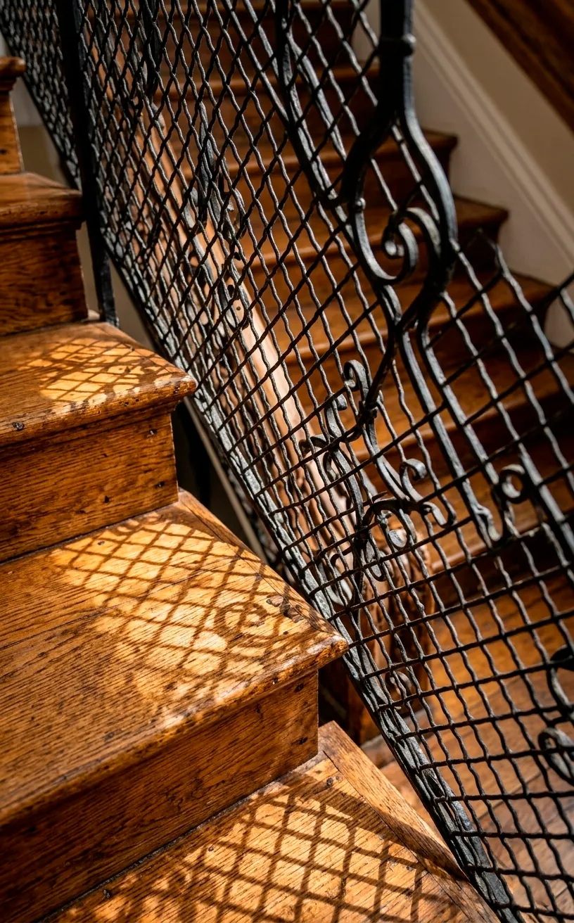 Industrial iron mesh railing detail with reclaimed wood floating stair treads.