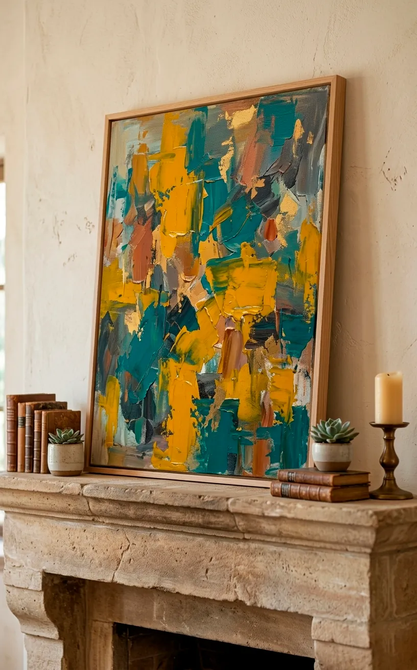 Large abstract art with mustard yellow colors leaning on a stone mantle.