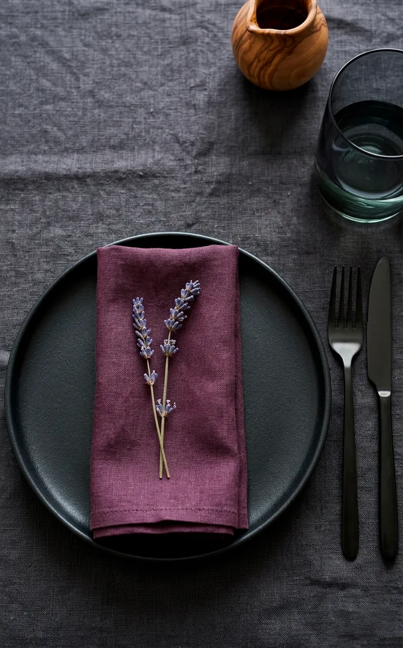Close up of charcoal plate and plum napkin with black cutlery.