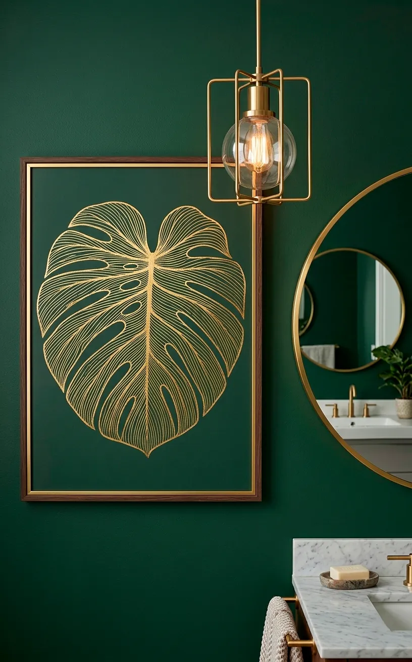 Gold Monstera line art print in a brass frame on a hunter green wall.