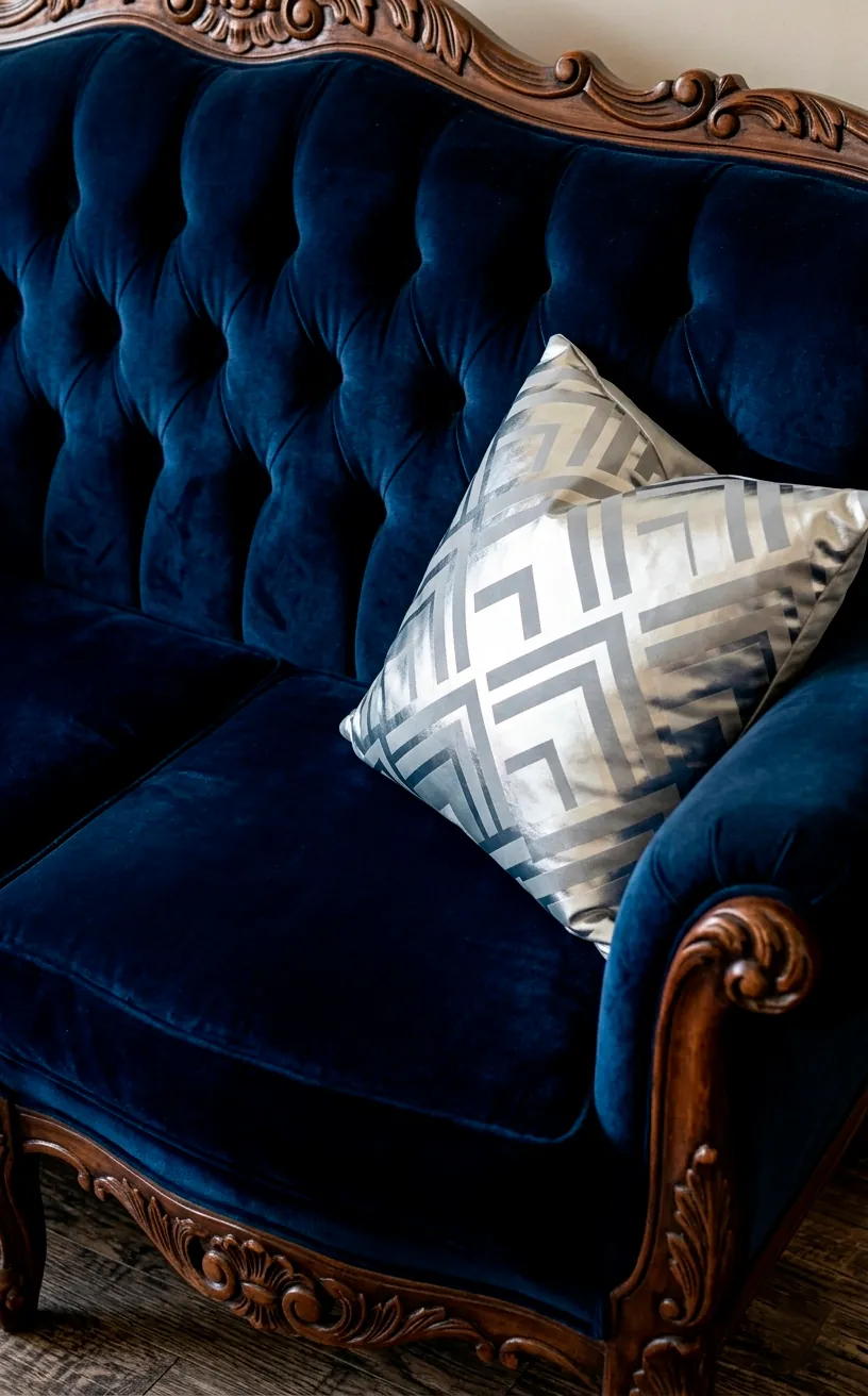 Navy blue velvet Victorian settee with a modern silver geometric pillow.