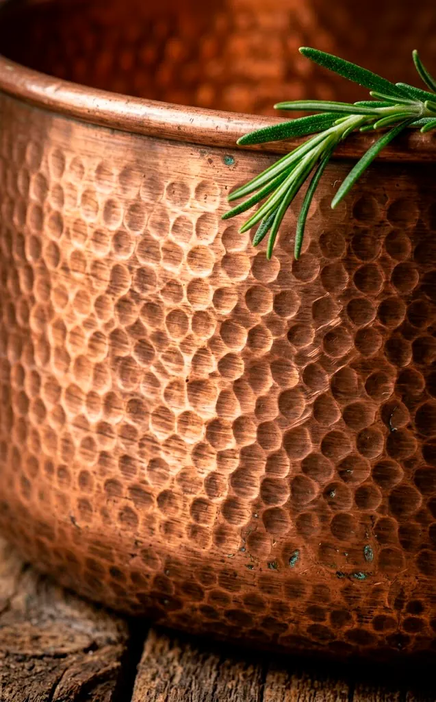 Extreme detail of hammered copper texture on a mixing bowl with warm lighting.
