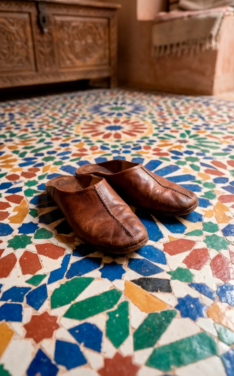 Top-down view of Moroccan star pattern tiles on a bathroom floor with leather slippers.