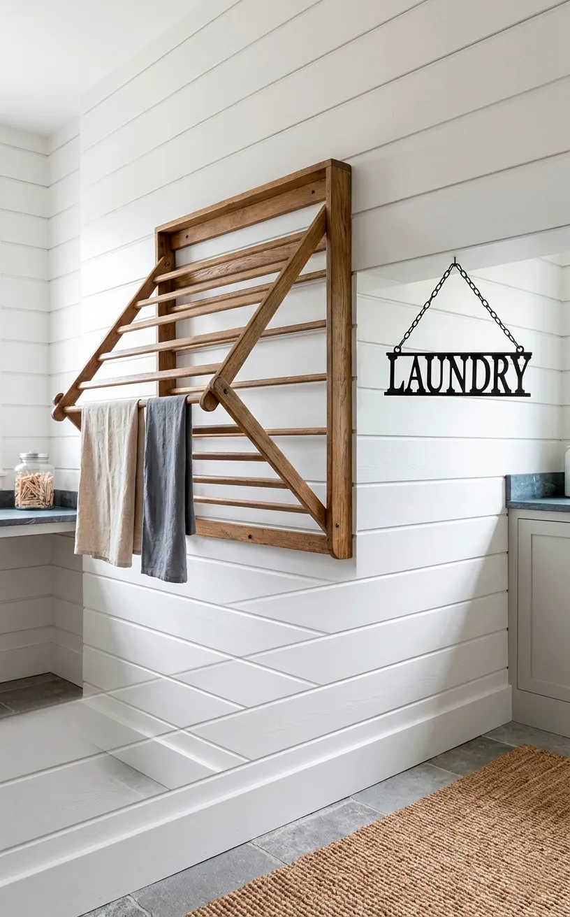 White shiplap wall in a laundry room with a mounted wooden drying rack.