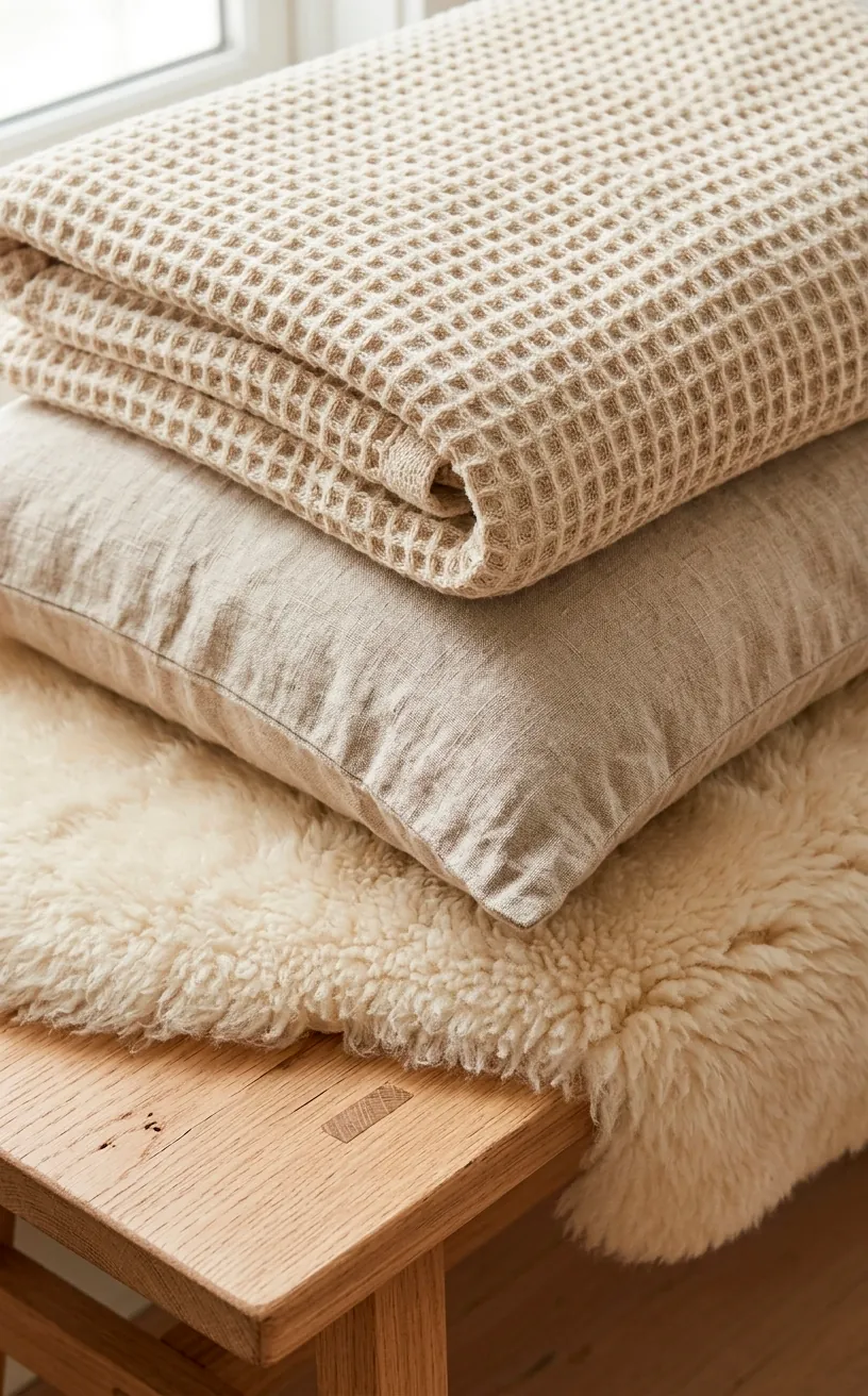 Layered neutral textiles like linen and wool on a wooden bench in a minimalist home.