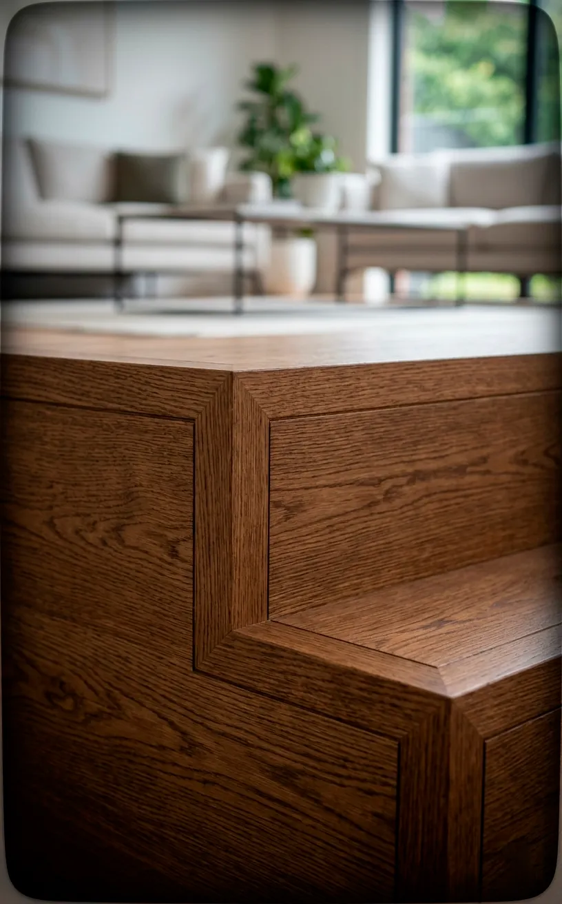 Side view detail of thick walnut wood stair treads showing grain and minimalist architectural lines.